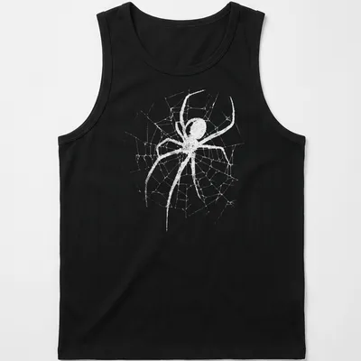 Minimalist spider illustration with a web in white and light gray colors — printed on a tank top