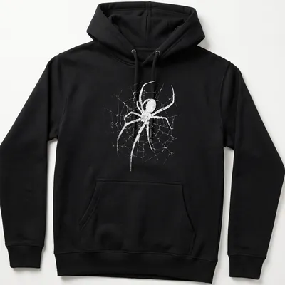 Minimalist spider illustration with a web in white and light gray colors — printed on a unisex hoodie