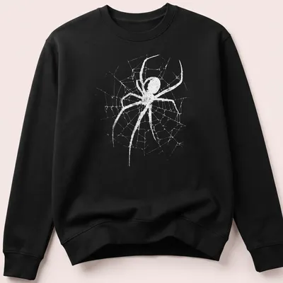 Minimalist spider illustration with a web in white and light gray colors — printed on a unisex sweatshirt