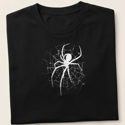 Minimalist spider illustration with a web in white and light gray colors