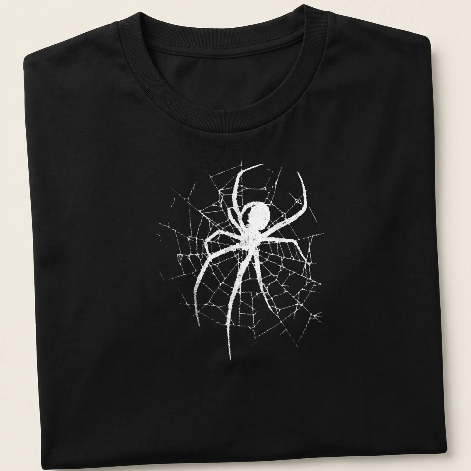 Minimalist spider illustration with a web in white and light gray colors — printed on a unisex t-shirt