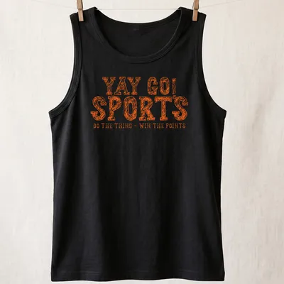 Bold distressed print of YAY GO SPORTS with sports-themed graphics in orange and white — printed on a tank top