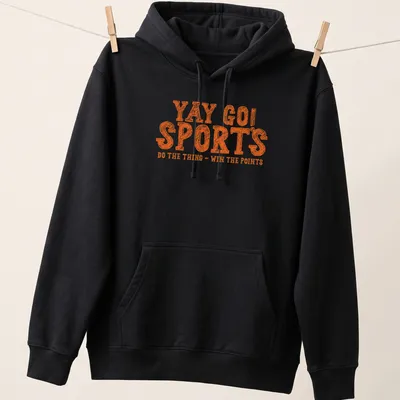 Bold distressed print of YAY GO SPORTS with sports-themed graphics in orange and white — printed on a unisex hoodie