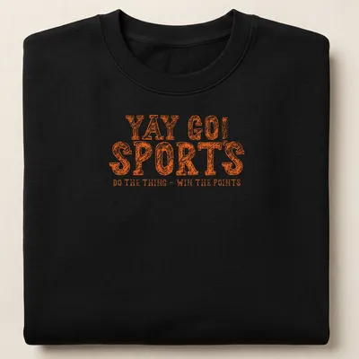 Bold distressed print of YAY GO SPORTS with sports-themed graphics in orange and white — printed on a unisex sweatshirt
