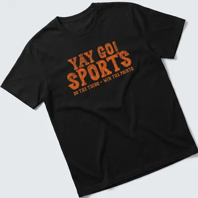 Bold distressed print of YAY GO SPORTS with sports-themed graphics in orange and white