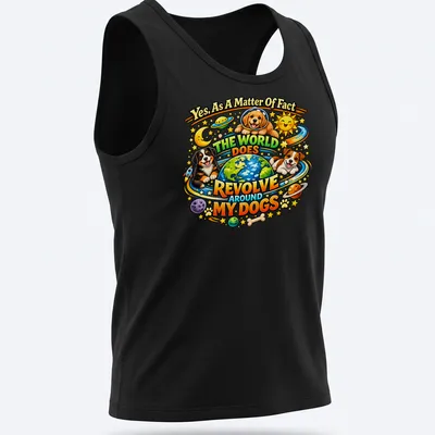 Colorful cartoon design of dogs and a globe with humorous text about dogs — printed on a tank top
