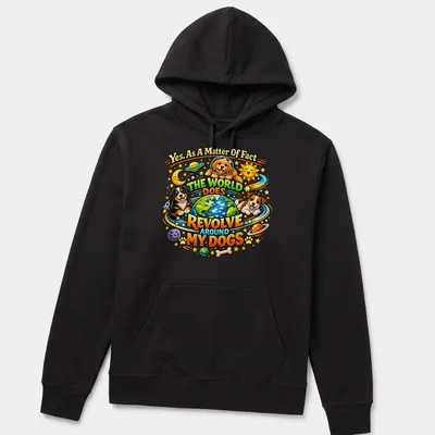 Colorful cartoon design of dogs and a globe with humorous text about dogs — printed on a unisex hoodie