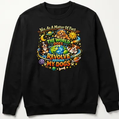 Colorful cartoon design of dogs and a globe with humorous text about dogs — printed on a unisex sweatshirt