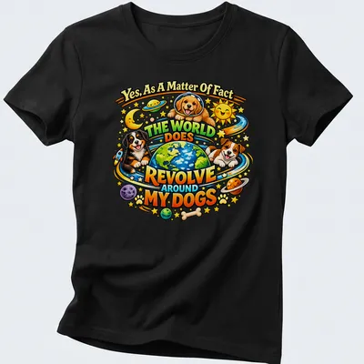Colorful cartoon design of dogs and a globe with humorous text about dogs — printed on a women's shirt