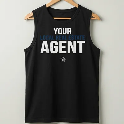 Bold typography shirt for local real estate agents in blue and white — printed on a tank top