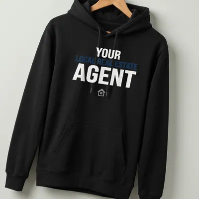 Bold typography shirt for local real estate agents in blue and white — printed on a unisex hoodie