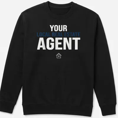 Bold typography shirt for local real estate agents in blue and white — printed on a unisex sweatshirt