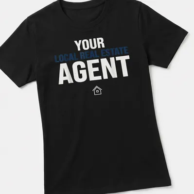 Bold typography shirt for local real estate agents in blue and white — printed on a women's shirt