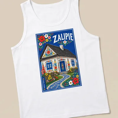 Colorful floral cottage T-shirt featuring the text Zalipie Poland — printed on a tank top