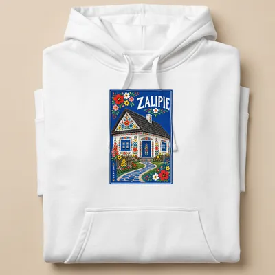 Colorful floral cottage T-shirt featuring the text Zalipie Poland — printed on a unisex hoodie