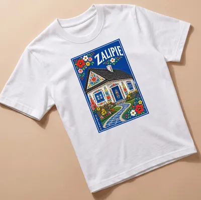 Colorful floral cottage T-shirt featuring the text Zalipie Poland — printed on a unisex t-shirt