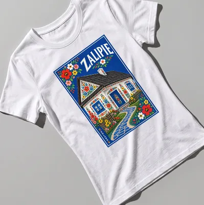 Colorful floral cottage T-shirt featuring the text Zalipie Poland — printed on a women's shirt